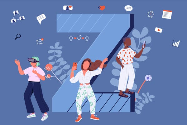 Generation Z und digitale Medien Generation Z - illustrierte junge Menschen mit digitalen Geräten