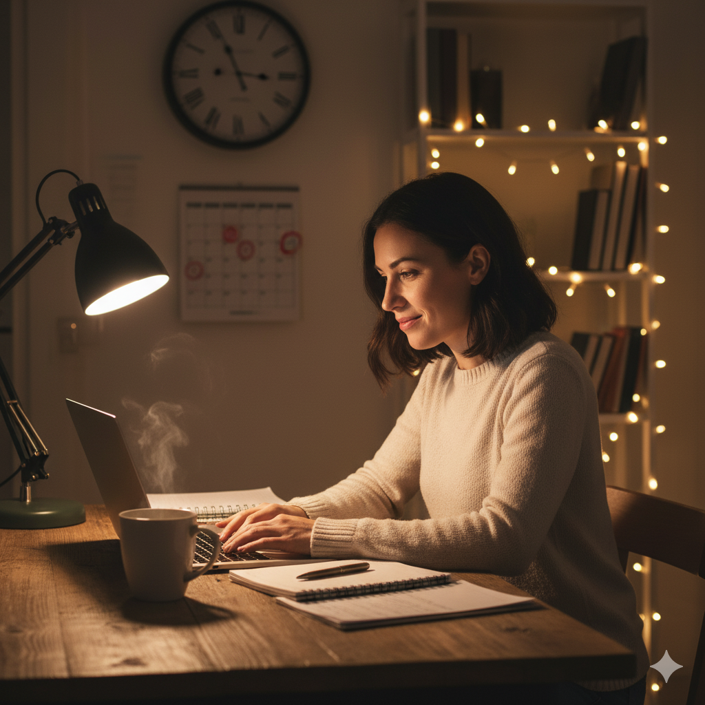 arbeitsleben-nebenberuflich-selbstaendig Eine Frau sitzt abends am Schreibtisch und tippt am Laptop.